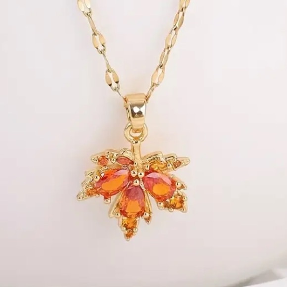 Orange Crystal Maple Leaf Gold Toned Necklace - Picture 5 of 5